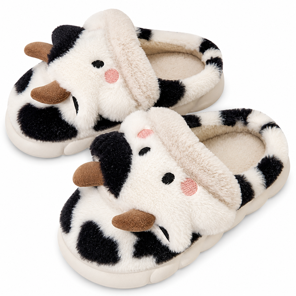 Cute Cow Animal Slipper For Women Girls Fashion Kawaii Soft Fluffy Winter Warm Slippers Woman Cartoon Milk Cow House Slippers Funny Shoes